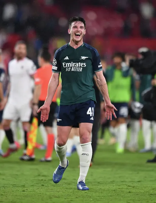Framed Print : Declan Rice's Emotional Moment: Sevilla vs. Arsenal in the Champions League (2023-24)