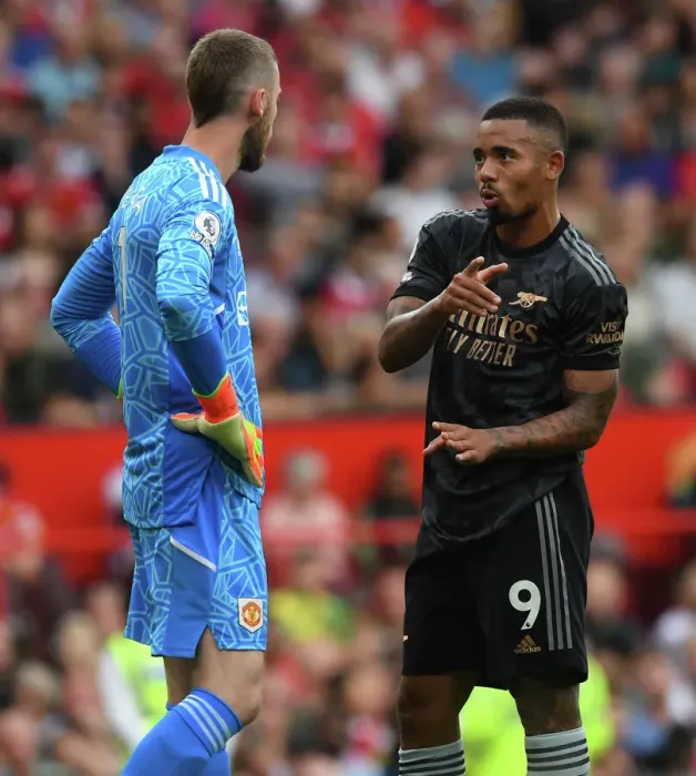 Framed Print : Deep in Thought: Intense Conversation Between Gabriel Jesus and David de Gea during Manchester United vs. Arsenal (2022-23)