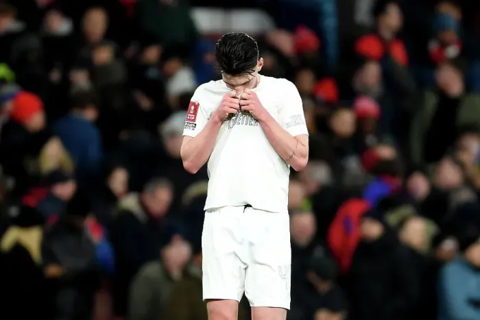 Framed Print : Dejected Declan Rice: Arsenal's All-White Defeat in FA Cup Against Liverpool during No More Red Campaign Framed Print : Dejected Declan Rice: Arsenal's All-White Defeat in FA Cup Against Liverpool during No More Red Campaign