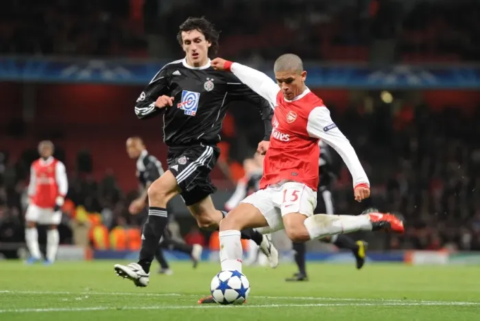 Framed Print : Denilson (Arsenal) Stefan Savic (Partizan). Arsenal 3: 1 Partizan Belgrade Framed Print : Denilson (Arsenal) Stefan Savic (Partizan). Arsenal 3: 1 Partizan Belgrade