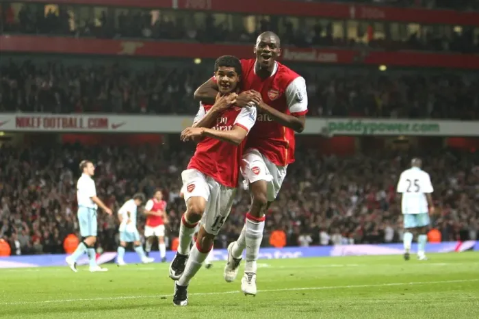 Framed Print : Denilson celebrates scoring Arsenals 2nd goal with Abou Diaby Framed Print : Denilson celebrates scoring Arsenals 2nd goal with Abou Diaby