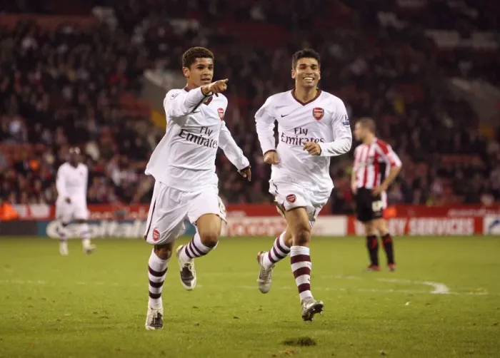 Framed Print : Denilson and Eduardo: Triumphant Moment as Arsenal Scores Third Goal Against Sheffield United Framed Print : Denilson and Eduardo: Triumphant Moment as Arsenal Scores Third Goal Against Sheffield United