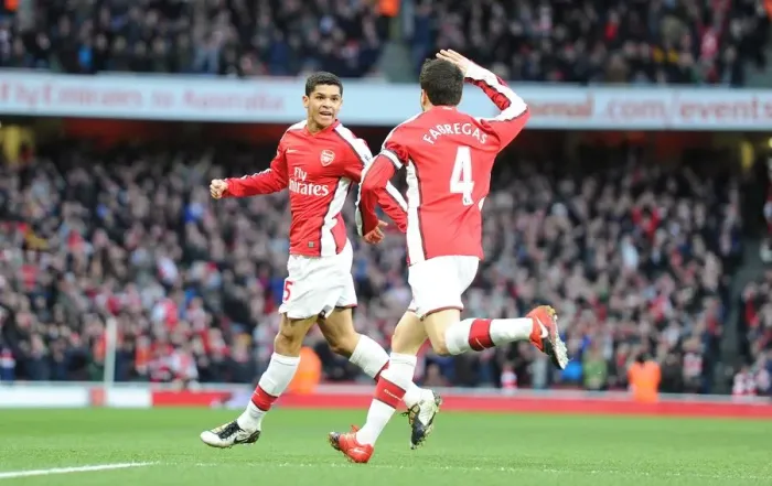 Framed Print : Denilson shoots celebrates scoring the 1st Arsenal goal with Cesc Fabregas