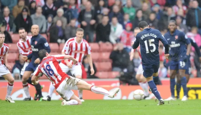 Framed Print : Denilson shoots past Dean Whitehead to score the Arsenal goal. Stoke City 3: 1 Arsenal Framed Print : Denilson shoots past Dean Whitehead to score the Arsenal goal. Stoke City 3: 1 Arsenal