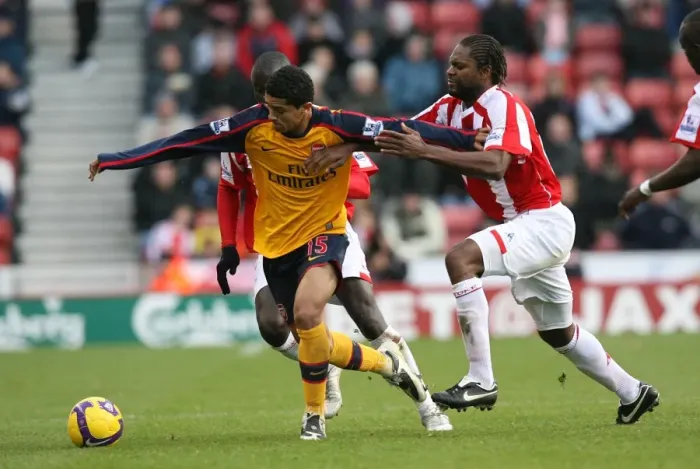 Framed Print : Denilson vs. Salif Diao: Arsenal's Edge at The Britannia Stadium, 1:2 Victory over Stoke, 2008