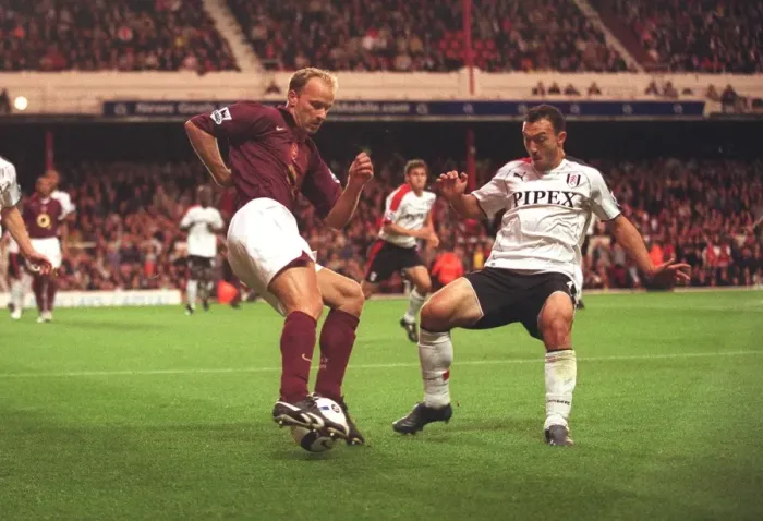 Framed Print : Dennis Bergkamp Scores Against Steed Malbranque: Arsenal's 4-1 Victory Over Fulham in the FA Premier League, August 2005 Framed Print : Dennis Bergkamp Scores Against Steed Malbranque: Arsenal's 4-1 Victory Over Fulham in the FA Premier League, August 2005