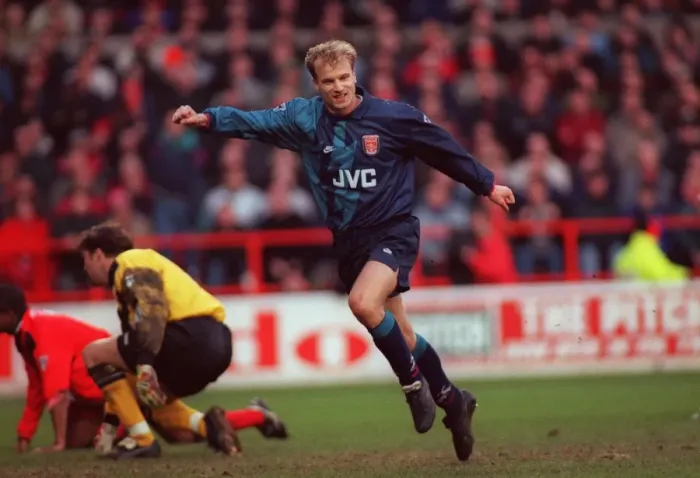 Framed Print : Dennis Bergkamp's Euphoric Goal Celebration for Arsenal Against Nottingham Forest