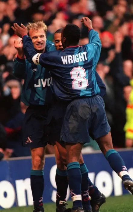 Framed Print : Dennis Bergkamp's Euphoric Goal Celebration with Ian Wright for Arsenal vs. Nottingham Forest Framed Print : Dennis Bergkamp's Euphoric Goal Celebration with Ian Wright for Arsenal vs. Nottingham Forest