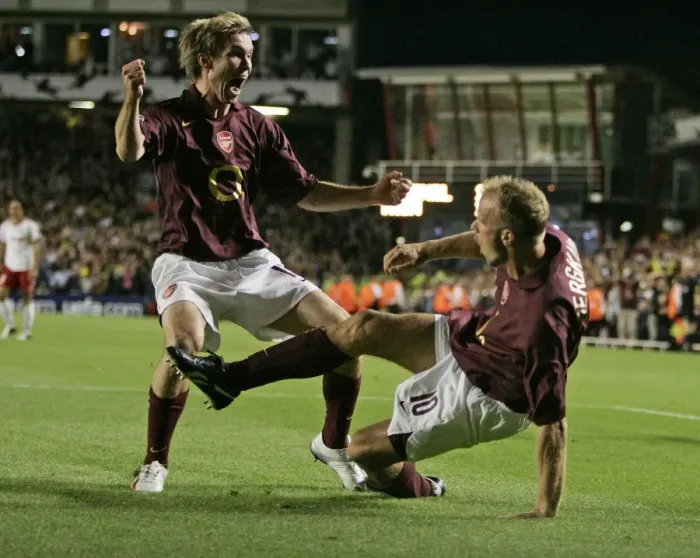 Framed Print : Dennis Bergkamp's Stunning Goal: Arsenal Leads FC Thun 2-1 in Champions League (September 14, 2005)