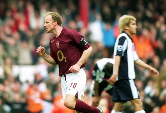 Framed Print : Dennis Bergkamp's Triumphant Goal: Arsenal's Third Strike Against West Bromwich Albion
