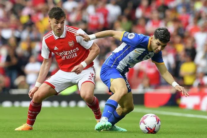 Framed Print : Determined Duel: Kieran Tierney's Battle for Ball Possession - Arsenal vs Brighton, 2022-23 Premier League