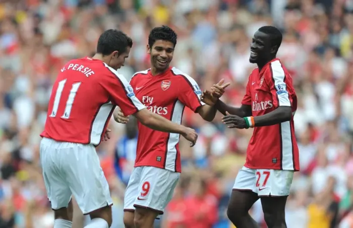 Framed Print : Eboue, Eduardo, and Van Persie: Arsenal's Triumphant Moment - 3rd Goal vs. Wigan Athletic (4:0) Framed Print : Eboue, Eduardo, and Van Persie: Arsenal's Triumphant Moment - 3rd Goal vs. Wigan Athletic (4:0)