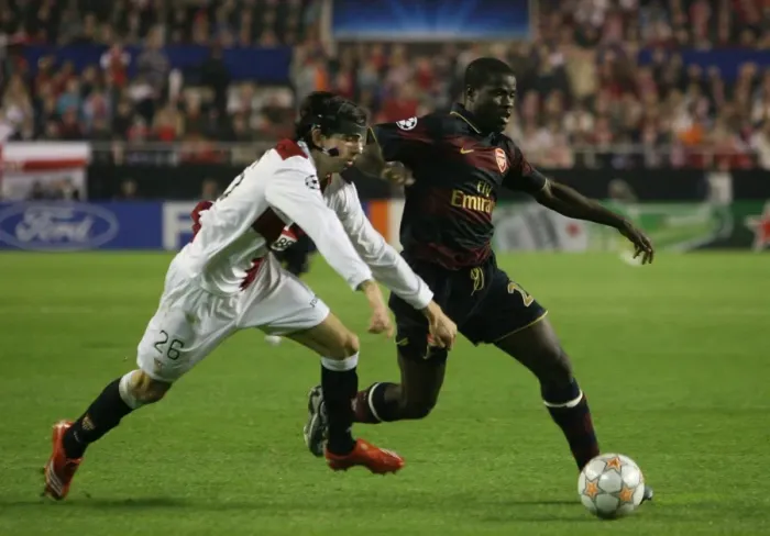 Framed Print : Eboue vs. Crespo: Seville's Champions League Showdown - Arsenal's Eboue Takes on Seville's Crespo Framed Print : Eboue vs. Crespo: Seville's Champions League Showdown - Arsenal's Eboue Takes on Seville's Crespo
