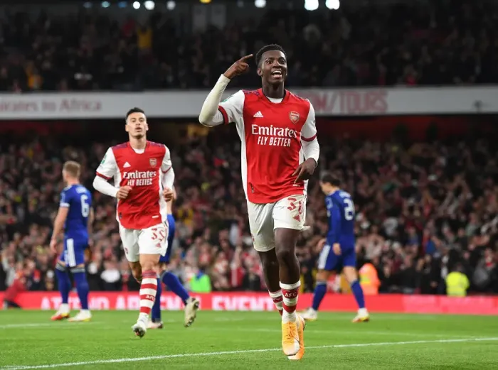 Framed Print : Eddie Nketiah Scores Double: Arsenal Advances in Carabao Cup against Leeds United