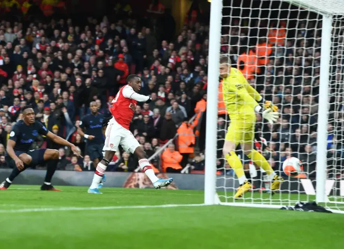 Framed Print : Eddie Nketiah Scores First Premier League Goal for Arsenal Against Everton (2019-20)