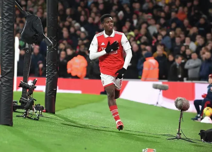 Framed Print : Eddie Nketiah Scores First Premier League Goal for Arsenal Against Manchester United, 2022-23 Season: A Historic Moment at Emirates Stadium