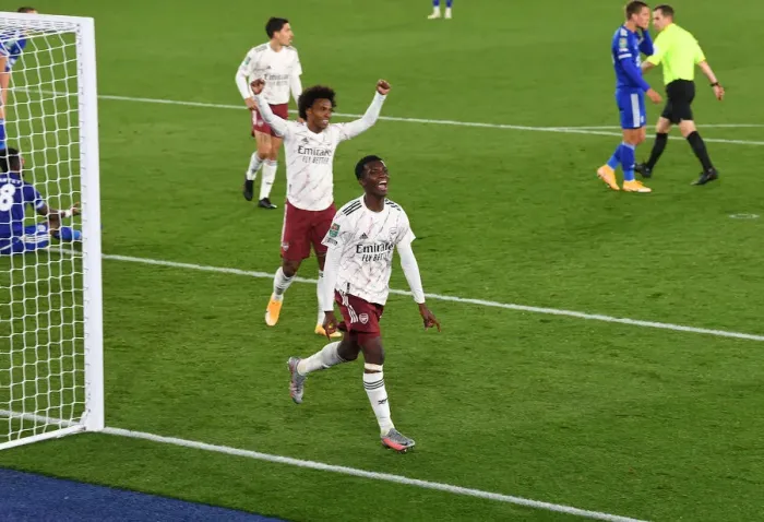 Framed Print : Eddie Nketiah Scores His Second: Arsenal Wins Carabao Cup Clash vs Leicester City