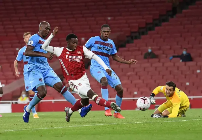 Framed Print : Eddie Nketiah Scores His Second Goal: Arsenal's Triumph Over West Ham in 2020-21 Premier League