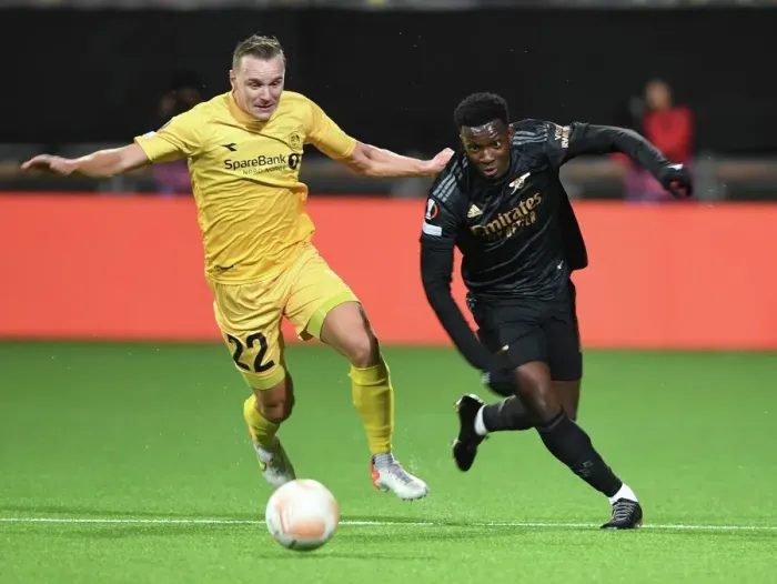 Framed Print : Eddie Nketiah Scores Spectacular Goal Past Bodø / Glimt's Marius Lode in Europa League Match