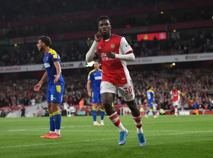 Framed Print : Eddie Nketiah's Hat-Trick: Arsenal Dominates AFC Wimbledon in Carabao Cup Framed Print : Eddie Nketiah's Hat-Trick: Arsenal Dominates AFC Wimbledon in Carabao Cup