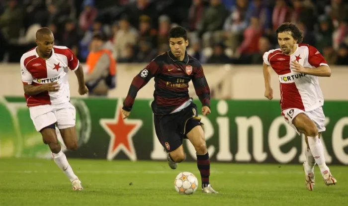 Framed Print : Eduardo (Arsenal) Mickael Tavares and Matej Krajcik (Slavia Prague) Framed Print : Eduardo (Arsenal) Mickael Tavares and Matej Krajcik (Slavia Prague)