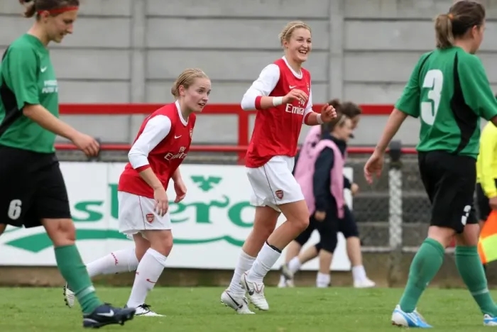 Framed Print : Ellen White and Kim Little: Celebrating a Goal for Arsenal Ladies in UEFA Womens Champions League (9:0 vs ZFK Masinac, 2010)