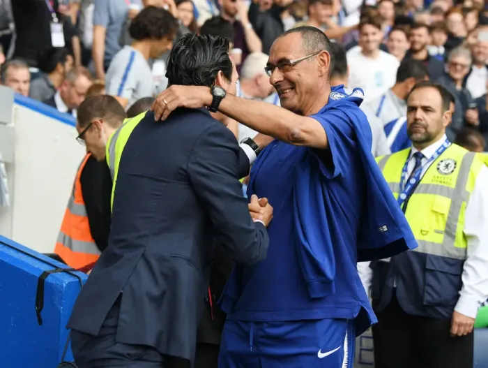 Framed Print : Emery and Sarri Embrace Before Chelsea vs. Arsenal Premier League Clash (2018-19) Framed Print : Emery and Sarri Embrace Before Chelsea vs. Arsenal Premier League Clash (2018-19)