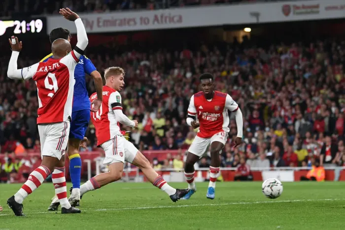 Framed Print : Emile Smith Rowe Scores Arsenal's Second Goal Against AFC Wimbledon in Carabao Cup Third Round