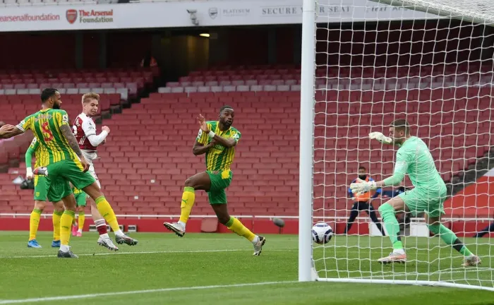Framed Print : Emile Smith Rowe Scores First Arsenal Goal in Empty Emirates Stadium Against West Bromwich Albion (May 2021)