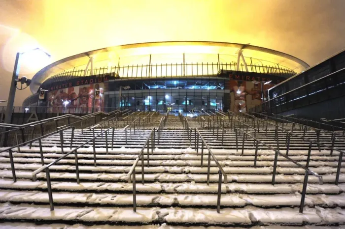 Framed Print : Emirates Stadium early morning under snow. Arsenal Football Club, 5  /  2  /  2012