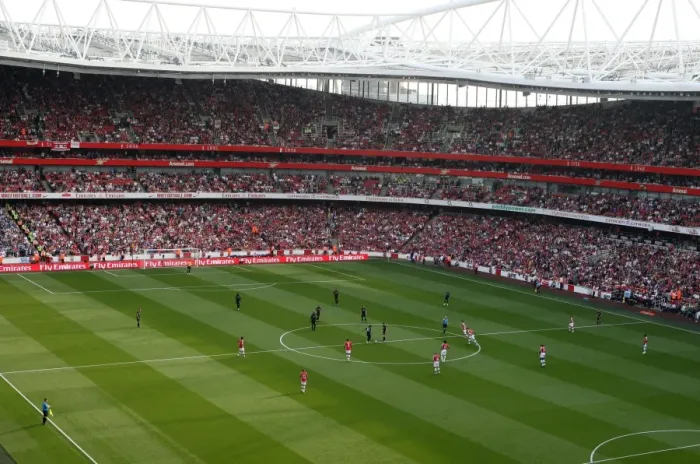 Framed Print : Emirates Stadium, Manchester City kick off at the start of the match. Arsenal 0