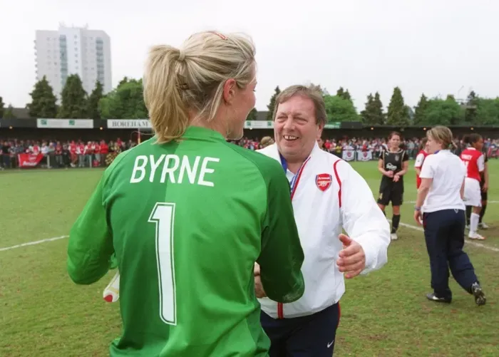 Framed Print : Emma Byrne (Arsenal) and Vic Akers Arsenal Manager celebrate at the end of the match Framed Print : Emma Byrne (Arsenal) and Vic Akers Arsenal Manager celebrate at the end of the match