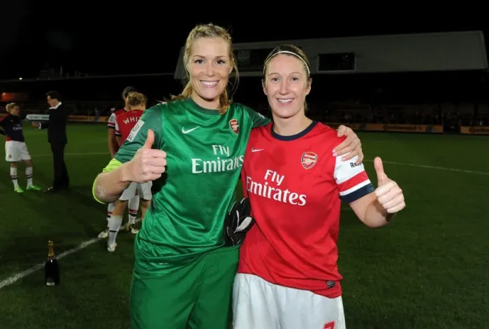 Framed Print : Emma Byrne and Ciara Grant (Arsenal) celebrates after the match. Arsenal Ladies 1: 0 Birmingham City