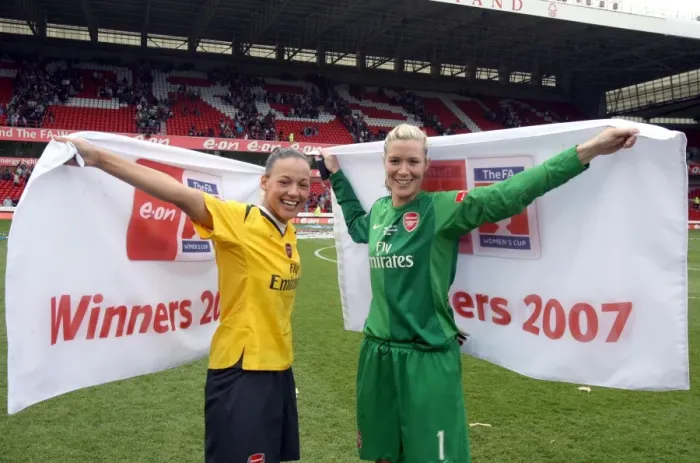 Framed Print : Emma Byrne and Lianne Sanderson (Arsenal) celebrate at the end of the match Framed Print : Emma Byrne and Lianne Sanderson (Arsenal) celebrate at the end of the match
