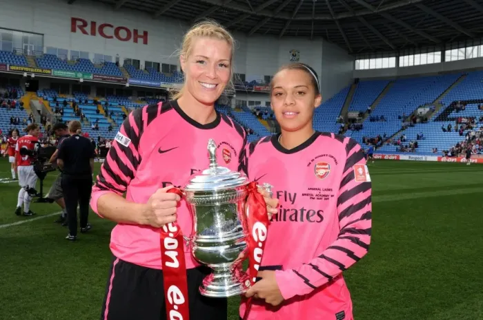 Framed Print : Emma Byrne and Rebecca Spencer (Arsenal) with the FA Cup Trophy. Arsenal Ladies 2