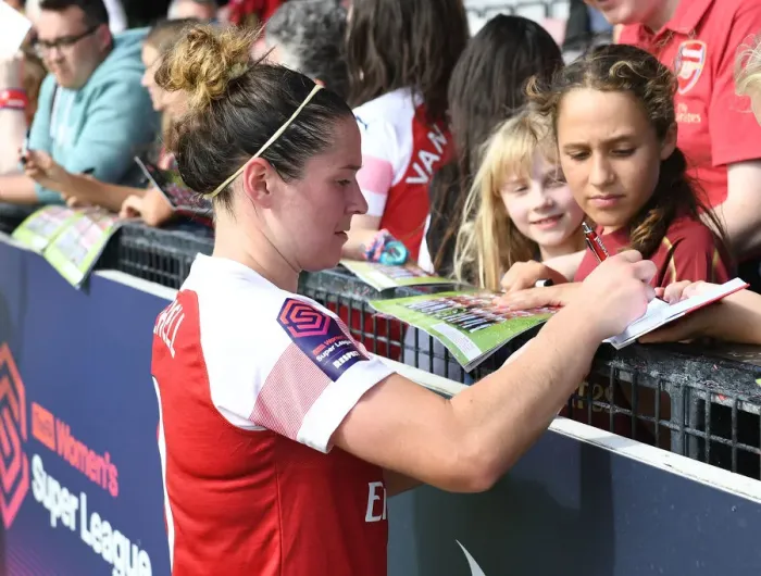 Framed Print : Emma Mitchell Signs for Fans after Arsenal Women's Continental Cup Match vs West Ham United Women