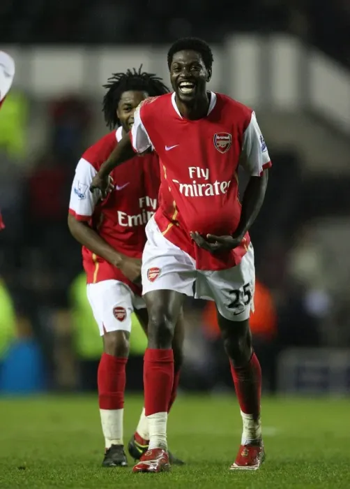 Framed Print : Emmanuel Adebayor (Arsenal) celebrates his three goals after the match Framed Print : Emmanuel Adebayor (Arsenal) celebrates his three goals after the match