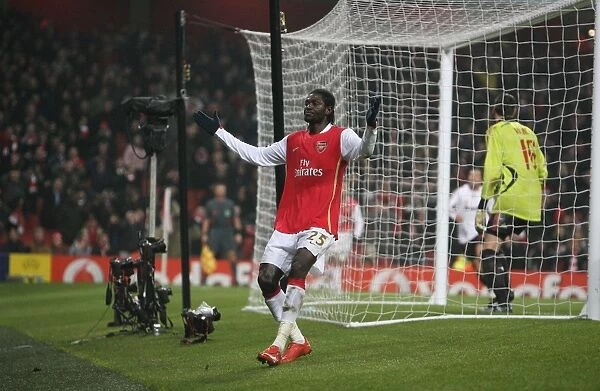 Emmanuel Adebayor (Arsenal) after his header hits the crossbar