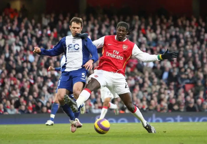 Framed Print : Emmanuel Adebayor (Arsenal) Rafeal Schmitz (Birmingham) Framed Print : Emmanuel Adebayor (Arsenal) Rafeal Schmitz (Birmingham)