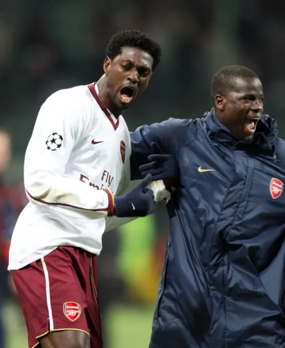 Framed Print : Emmanuel Adebayor celebrates at the final whistle with Emmanuel Eboue (Arsenal) Framed Print : Emmanuel Adebayor celebrates at the final whistle with Emmanuel Eboue (Arsenal)
