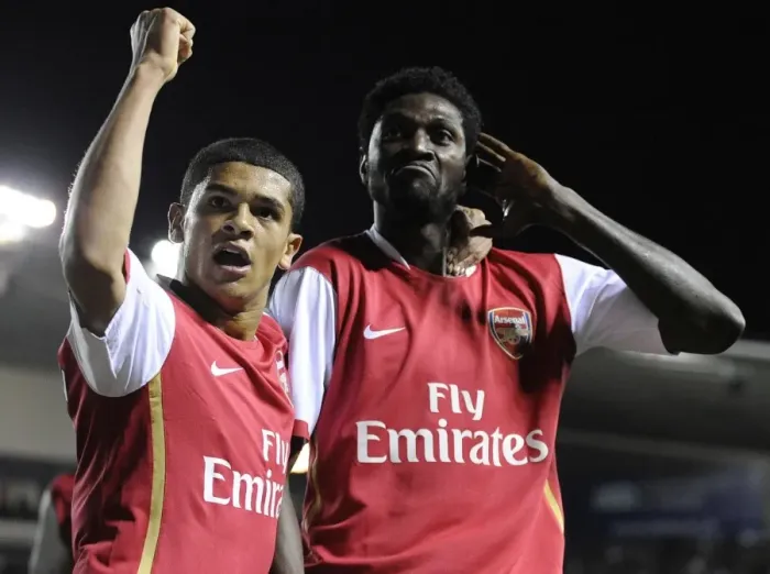 Framed Print : Emmanuel Adebayor celebrates scoring his 1st and Arsenals 3rd goal of the match with Denilson Framed Print : Emmanuel Adebayor celebrates scoring his 1st and Arsenals 3rd goal of the match with Denilson