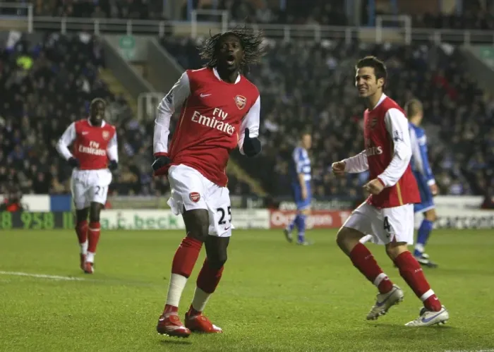 Framed Print : Emmanuel Adebayor celebrates scoring the 2nd Arsenal goal Framed Print : Emmanuel Adebayor celebrates scoring the 2nd Arsenal goal