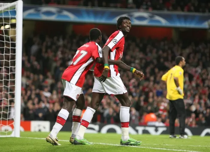 Framed Print : Emmanuel Adebayor celebrates scoring the 4th Arsenal