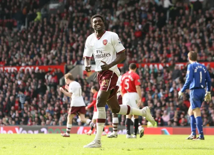 Framed Print : Emmanuel Adebayor celebrates scoring the Arsenal goal Framed Print : Emmanuel Adebayor celebrates scoring the Arsenal goal