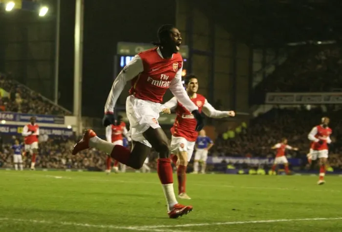 Framed Print : Emmanuel Adebayor celebrates scoring Arsenals 3rd goal Framed Print : Emmanuel Adebayor celebrates scoring Arsenals 3rd goal