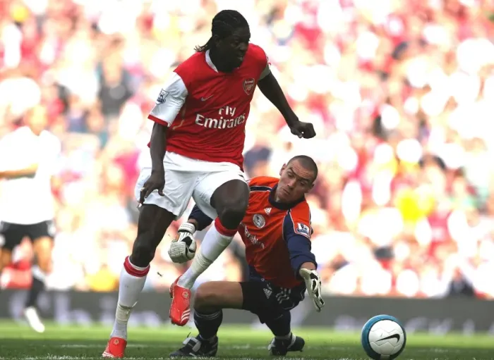 Framed Print : Emmanuel Adebayor rounds Stephen Bywater (Derby) to score Arsenal 2nd goal his 1st Framed Print : Emmanuel Adebayor rounds Stephen Bywater (Derby) to score Arsenal 2nd goal his 1st