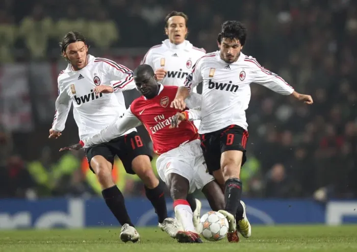 Framed Print : Emmanuel Eboue (Arsenal) Gennaro Gattuso and Marek Jankulovski (AC Milan) Framed Print : Emmanuel Eboue (Arsenal) Gennaro Gattuso and Marek Jankulovski (AC Milan)