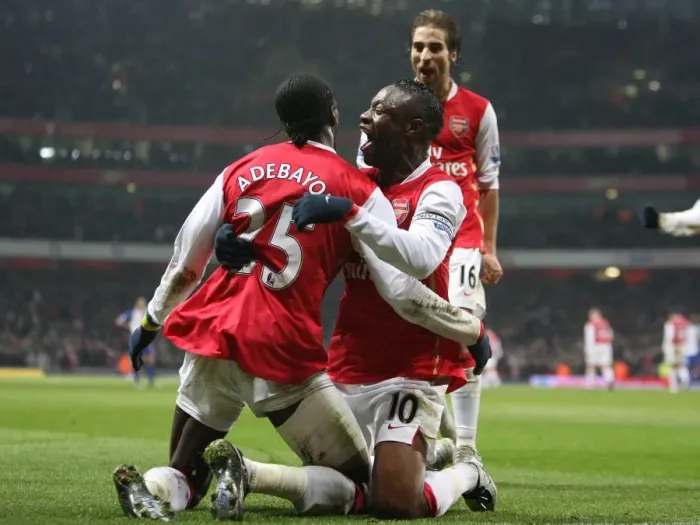 Framed Print : Emmauel Adebayor celebrates scoring the 2nd Arsenal goal with William Gallas Framed Print : Emmauel Adebayor celebrates scoring the 2nd Arsenal goal with William Gallas
