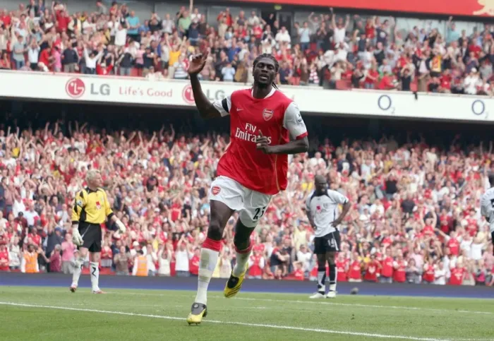 Framed Print : Emmauel Adebayor celebrates scoring Arsenals 2nd goal Framed Print : Emmauel Adebayor celebrates scoring Arsenals 2nd goal