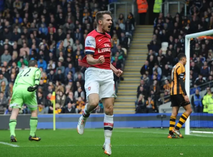 Framed Print : Euphoria Unleashed: Aaron Ramsey's Thrilling Goal Celebration vs. Hull City, Premier League 2013-2014